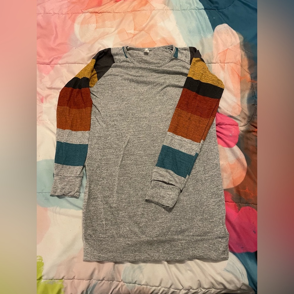 Grey with Multi Stripe Sleeves Tunic Sweater - L